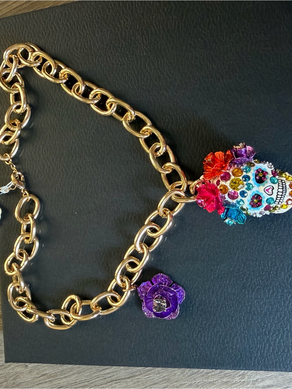 Betsey Johnson Gold-Tone Multicolor Sugar Skull Necklace with Floral Accents - Picture 4 of 4